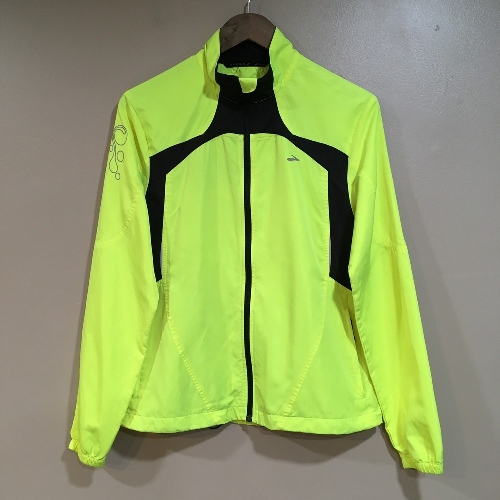 Brooks Reflective Full Zip Running Jacket Windbreaker Womens M Neon Yellow